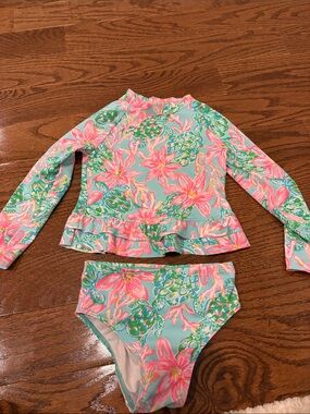 Lilly Pulitzer Kids Floral Long-Sleeve Rash Guard Swim Set - Pink & Aqua